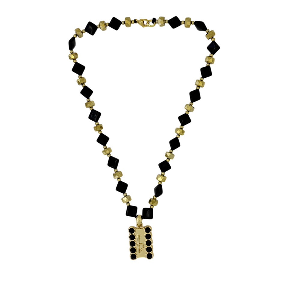 ‘b’ Logo Beaded Necklace-Jet- Gold