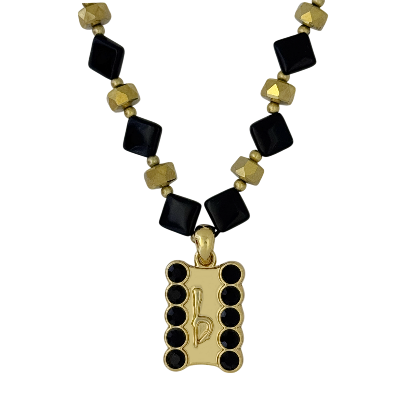 ‘b’ Logo Beaded Necklace-Jet- Gold