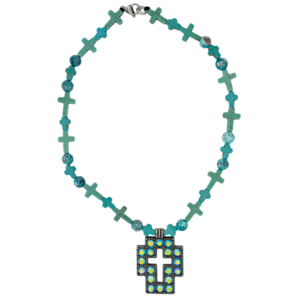 Square Cross Necklace-Blue Turquoise Beads