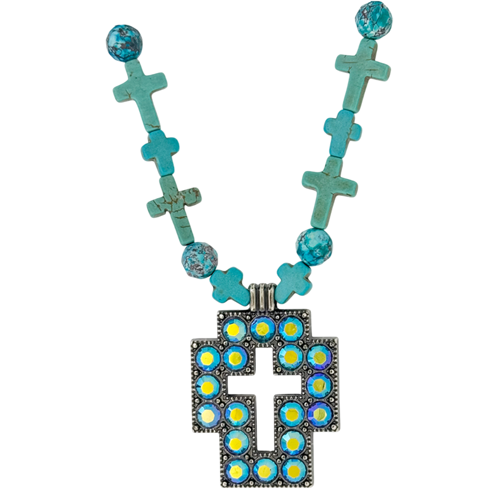 Square Cross Necklace-Blue Turquoise Beads