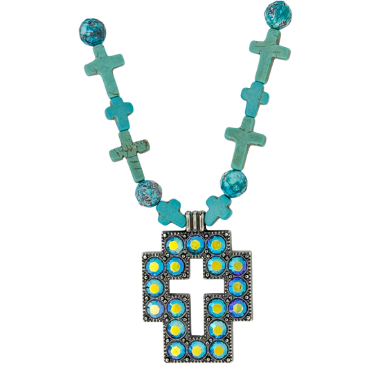 Square Cross Necklace-Blue Turquoise Beads